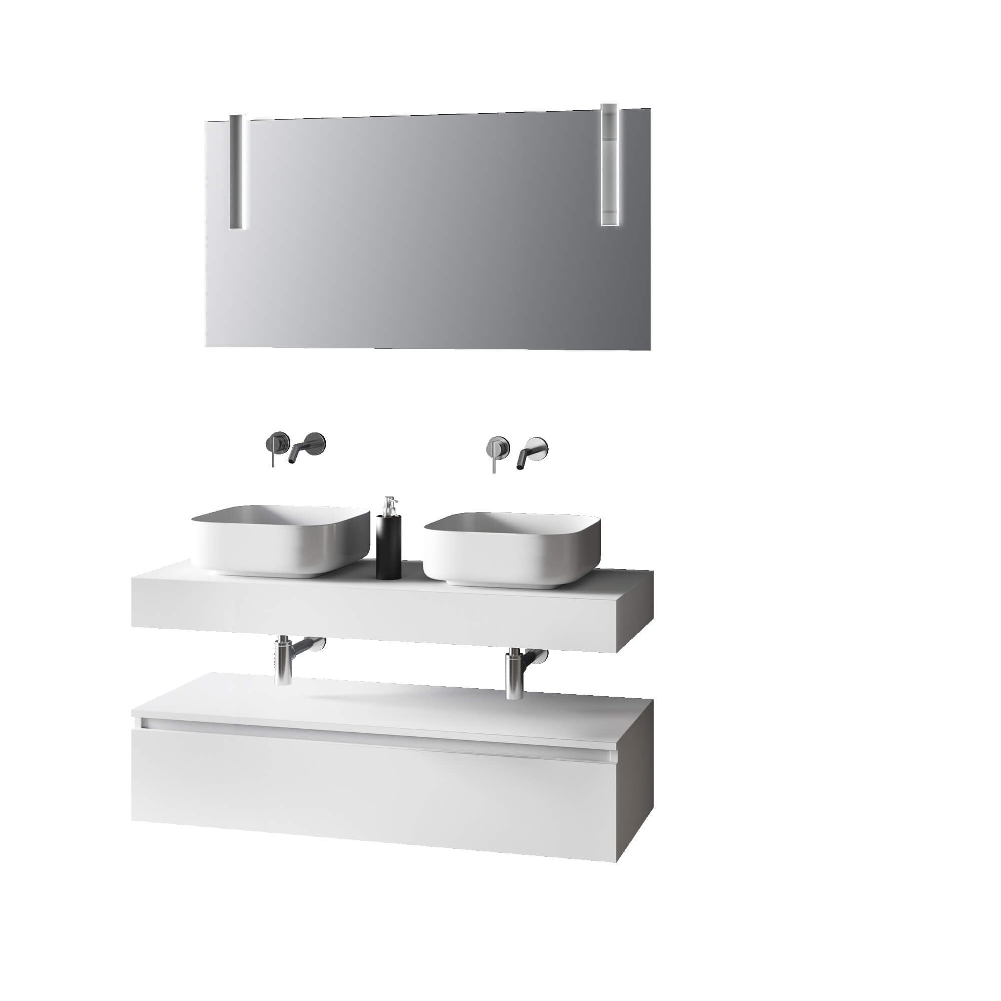Composizione Bagno 120cm Con Doppio Lavabo, Base Con Cassetto E Specchio Con Lampada Top bianco + base laccata bianco opaco