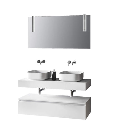 Composizione Bagno 120cm Con Doppio Lavabo, Base Con Cassetto E Specchio Con Lampada Top bianco + base laccata bianco opaco