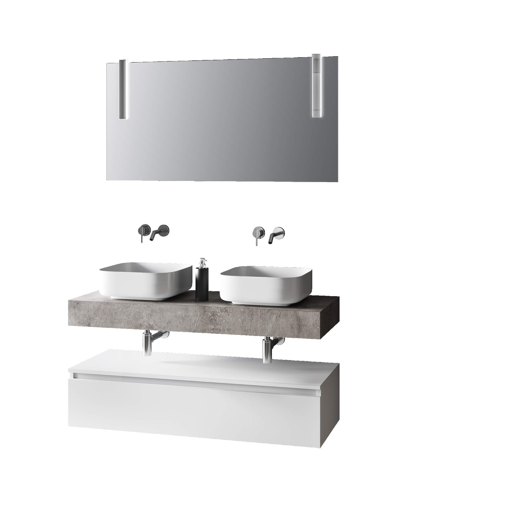 Composizione Bagno 120cm Con Doppio Lavabo, Base Con Cassetto E Specchio Con Lampada Top cemento + base laccata bianco opaco