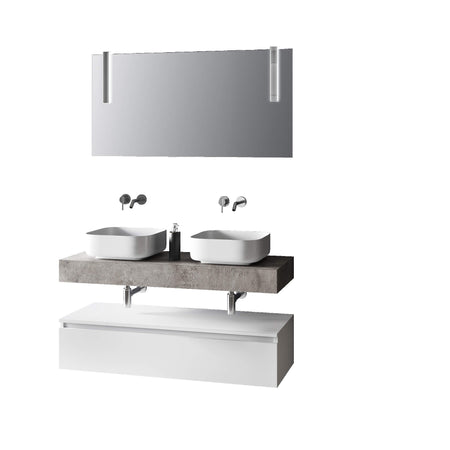 Composizione Bagno 120cm Con Doppio Lavabo, Base Con Cassetto E Specchio Con Lampada Top cemento + base laccata bianco opaco