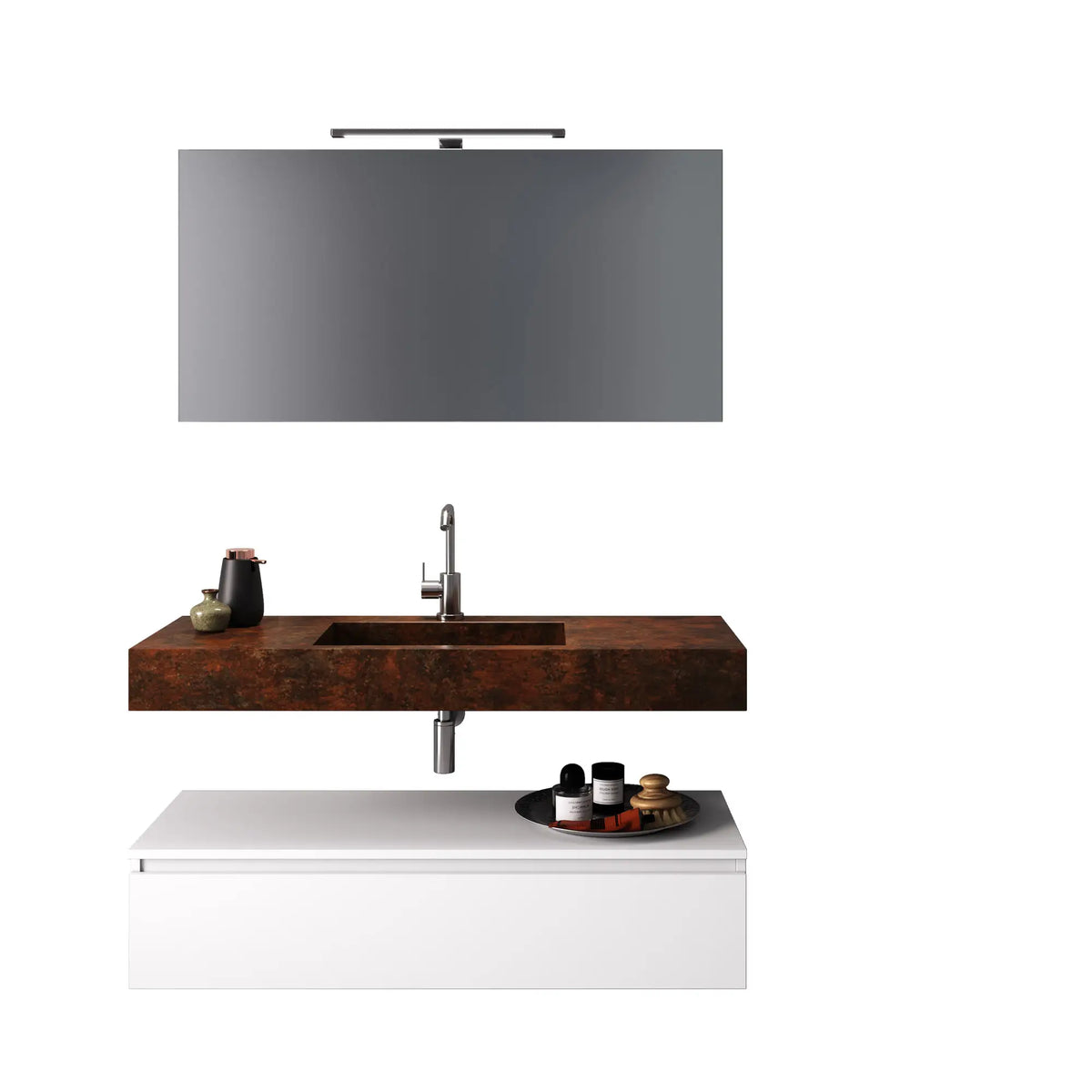 Composizione Bagno 120cm Con Vasca Integrata Cassetto E Specchio - Top Effetto Corten + Base Bianco Opaco - Mobile