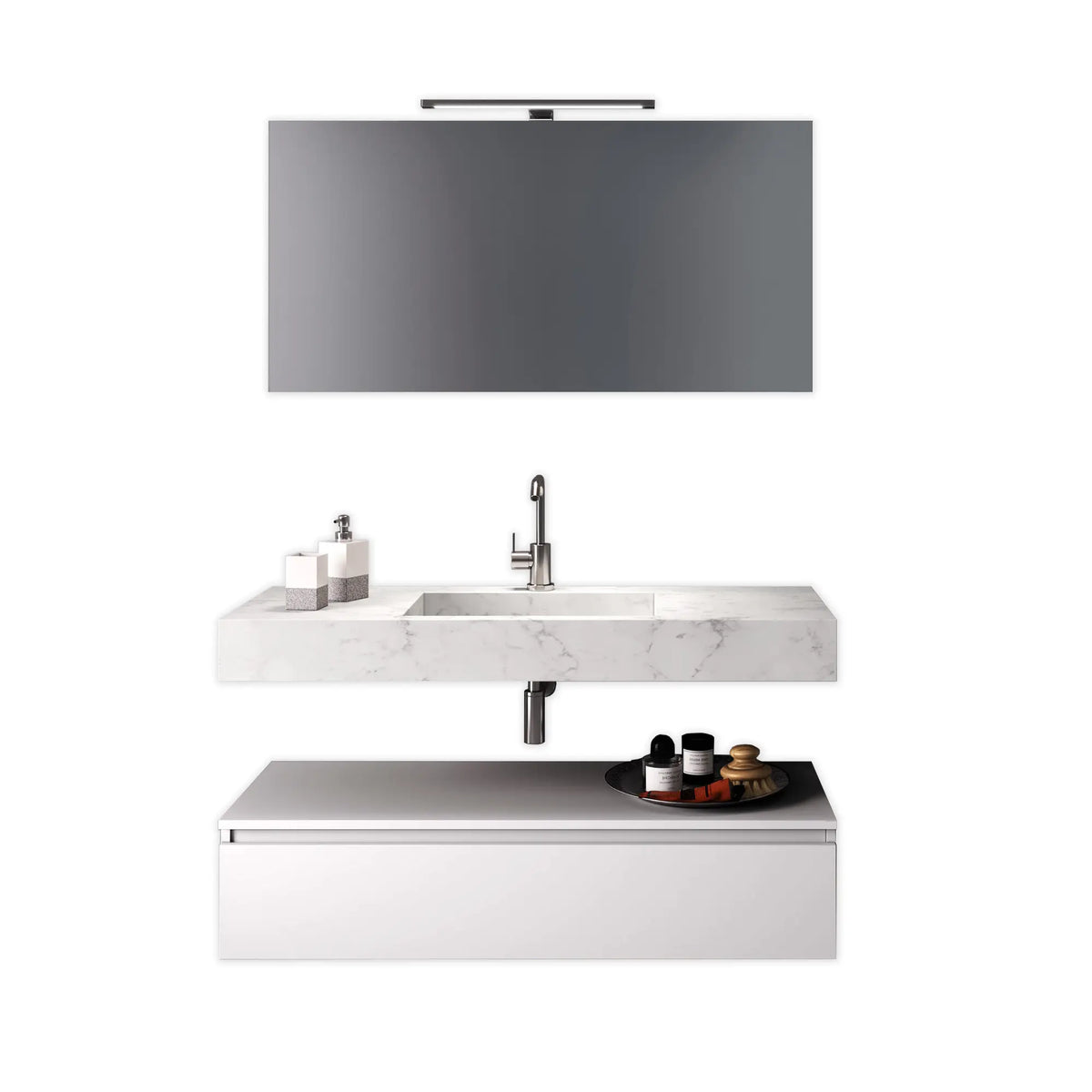 Composizione Bagno 120cm Con Vasca Integrata Cassetto E Specchio - Top Effetto Marmo Carrara + Base Bianco Opaco