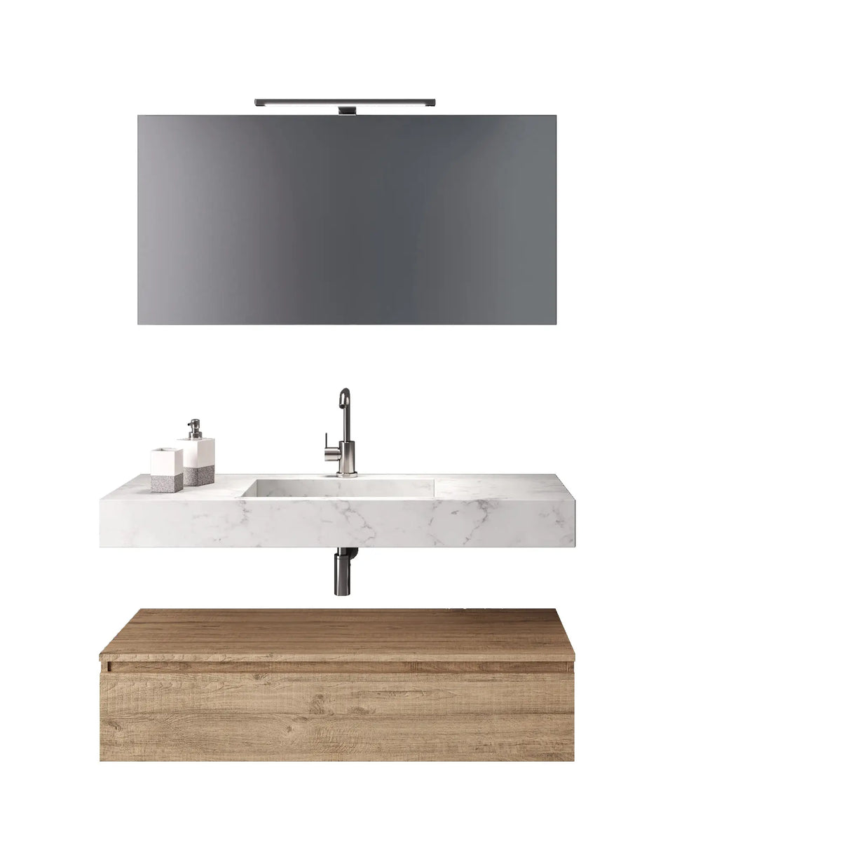 Composizione Bagno 120cm Con Vasca Integrata Cassetto E Specchio - Top Effetto Marmo Carrara + Base Quercia - Mobile