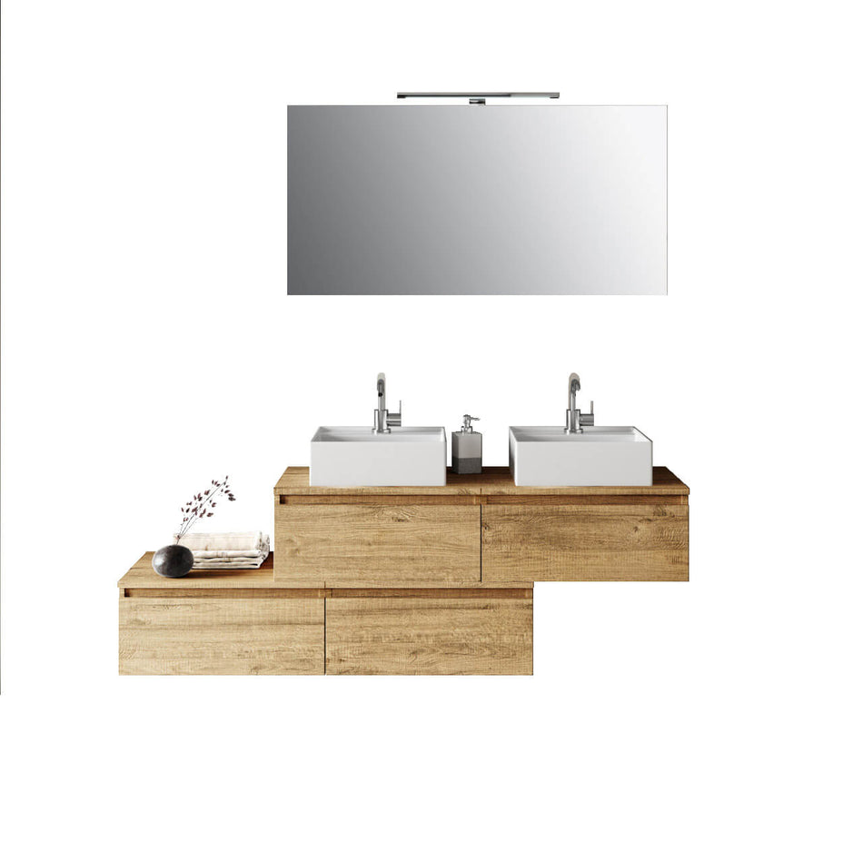 Composizione Bagno 160cm Con Doppio Lavabo, Cassetti E Specchio Con Lampada Quercia