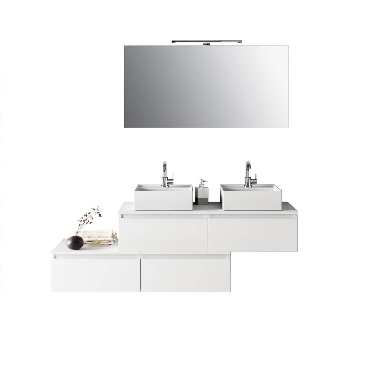 Composizione Bagno 160cm Con Doppio Lavabo, Cassetti E Specchio Con Lampada Bianco