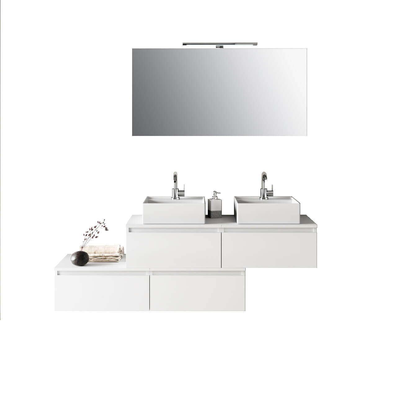 Composizione Bagno 160cm Con Doppio Lavabo, Cassetti E Specchio Con Lampada Bianco
