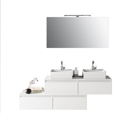 Composizione Bagno 160cm Con Doppio Lavabo, Cassetti E Specchio Con Lampada Bianco