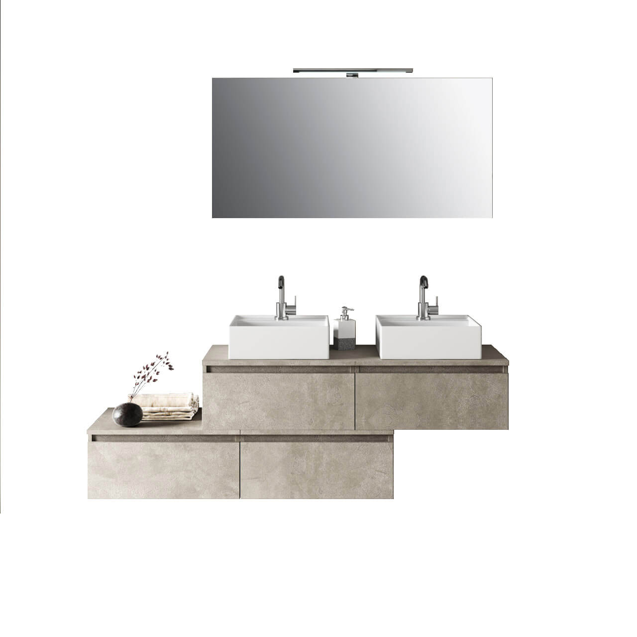 Composizione Bagno 160cm Con Doppio Lavabo, Cassetti E Specchio Con Lampada Avana Effetto Pietra