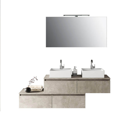 Composizione Bagno 160cm Con Doppio Lavabo, Cassetti E Specchio Con Lampada Avana Effetto Pietra