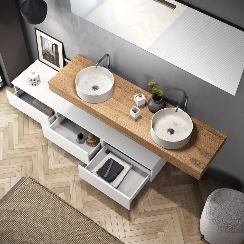 Composizione Bagno 180cm Con Doppio Lavabo, Cassetti E Specchio
