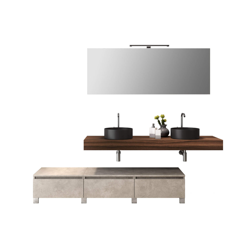 Composizione Bagno 180cm Con Doppio Lavabo Nero, Cassetti E Specchio Top color noce + base avana effetto pietra