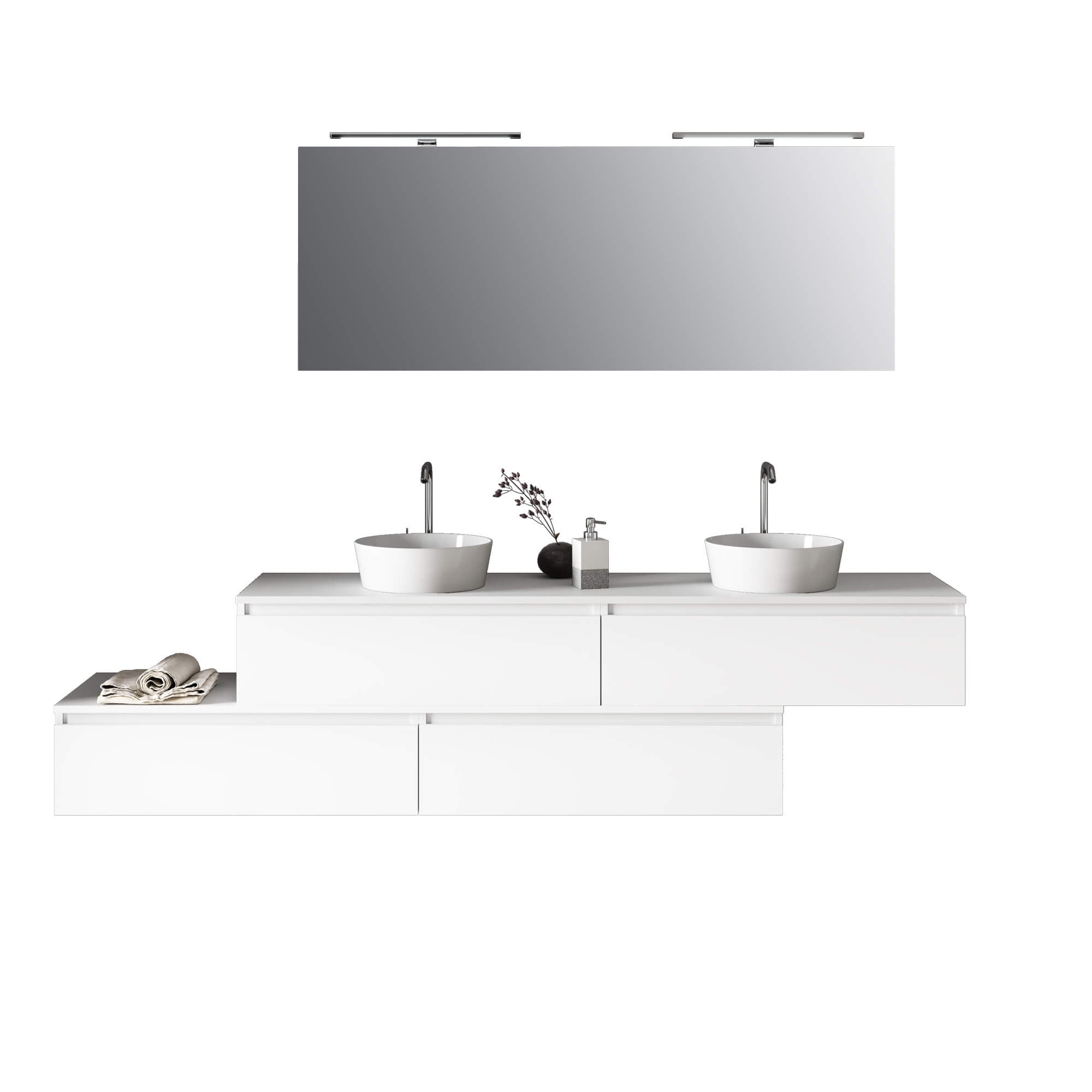 Composizione Bagno 200cm Con Doppio Lavabo, Cassetti E Specchio Con Lampada Bianco