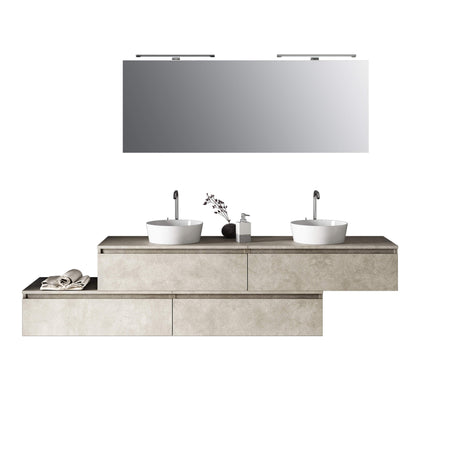 Composizione Bagno 200cm Con Doppio Lavabo, Cassetti E Specchio Con Lampada Avana Effetto Pietra