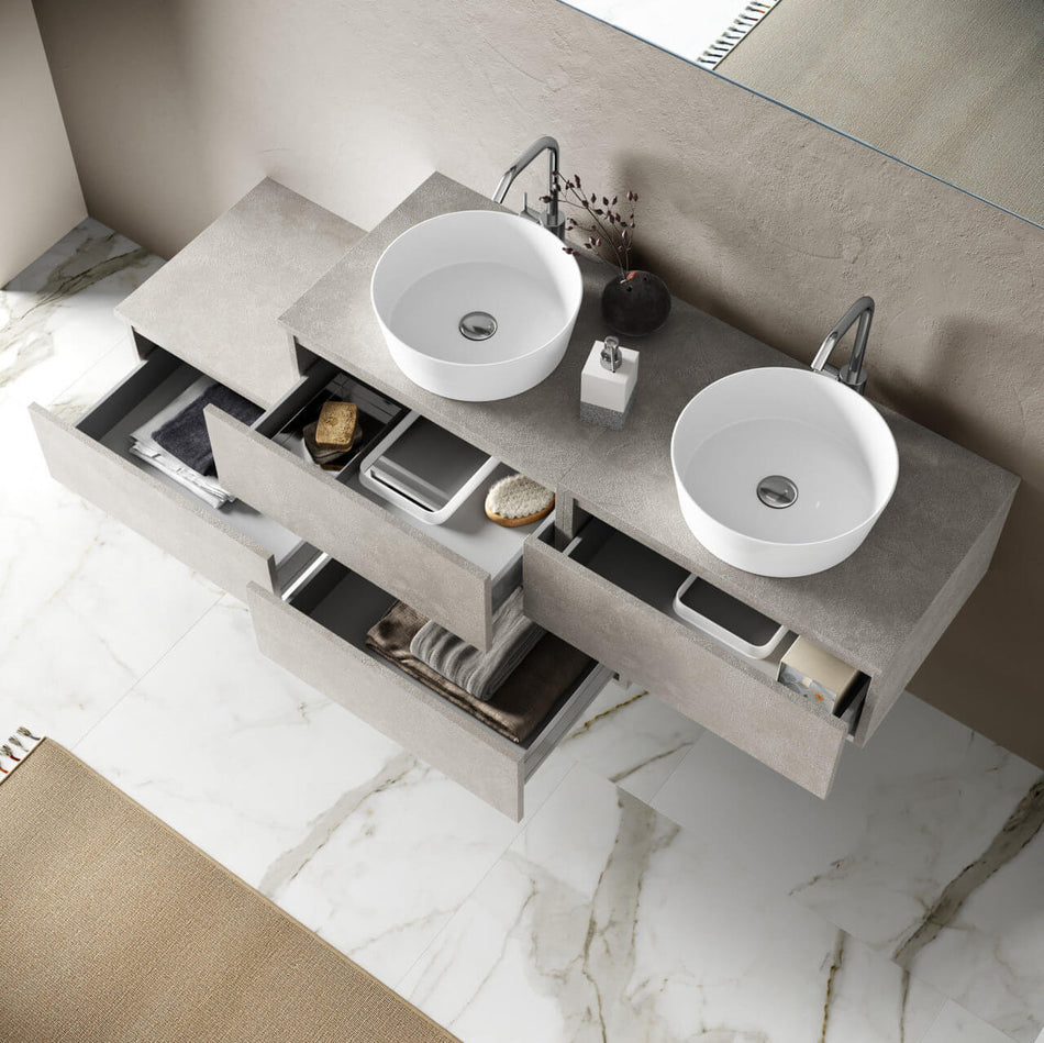 Composizione Bagno 225cm Sospesa Con Doppio Lavabo, Cassetti E Specchio
