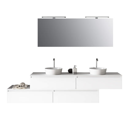Composizione Bagno 225cm Sospesa Con Doppio Lavabo, Cassetti E Specchio Bianco