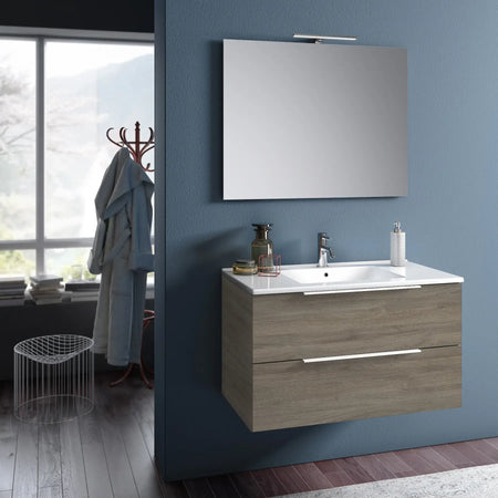 Composizione Bagno 80cm Sospesa Con Due Cassetti E Specchio Con Lampada Rovere Cenere