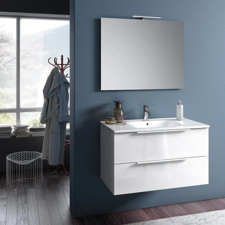 Composizione Bagno 80cm Sospesa Con Due Cassetti E Specchio Con Lampada Bianco Laccato Lucido