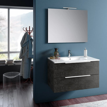 Composizione Bagno 80cm Sospesa Con Due Cassetti E Specchio Con Lampada Ossido