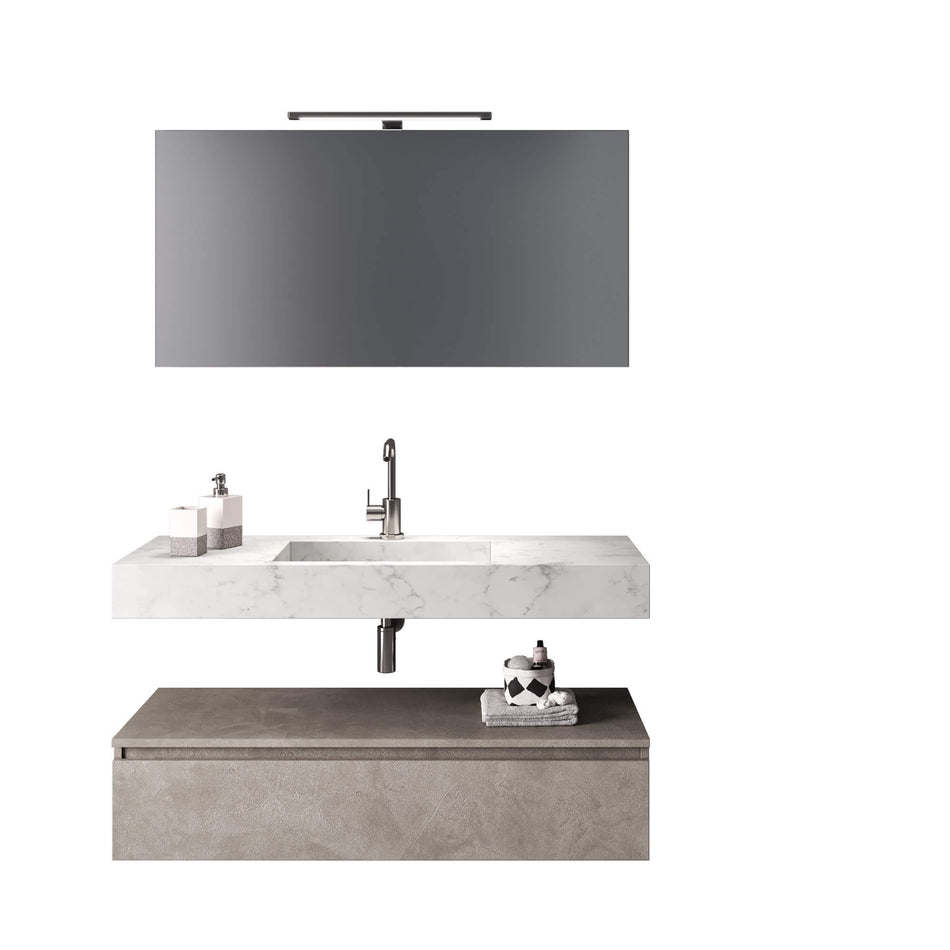 Composizione Bagno 90cm Con Vasca Integrata Cassetto E Specchio Top Effetto Marmo Carrara + Base Avana Effetto Pietra