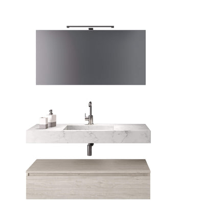 Composizione Bagno 90cm Con Vasca Integrata Cassetto E Specchio Top Effetto Marmo Carrara + Base Bianco Effetto Pietra