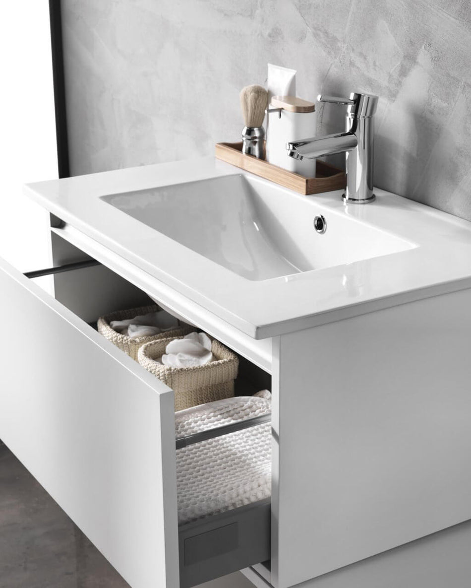 Composizione Bagno Sospesa 100cm Con Cassetto, Vano a Giorno, Specchio e Lampada