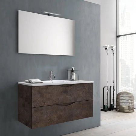 Composizione Bagno Sospesa Effetto Pietra 100cm Marrone Effetto Pietra
