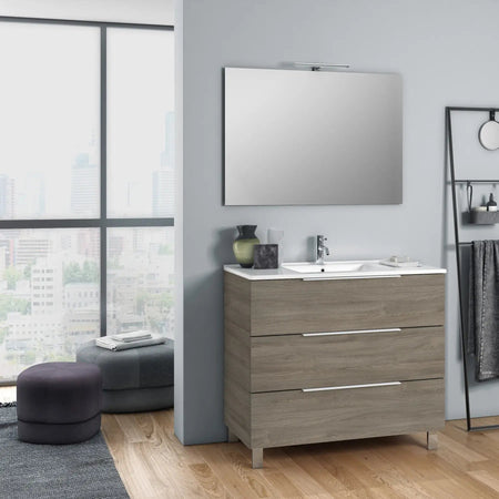 Composizione Mobile Bagno 100cm a Terra Con Tre Cassetti e Specchio Rovere Cenere