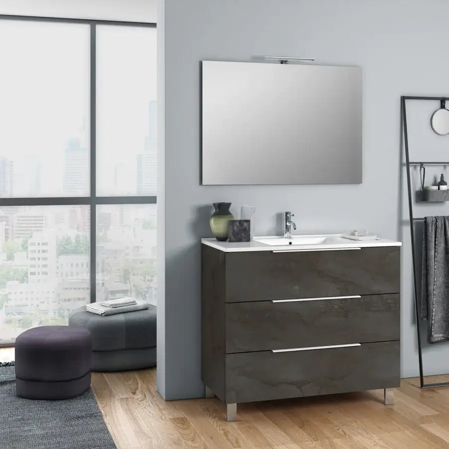 Composizione Mobile Bagno 100cm a Terra Con Tre Cassetti e Specchio Ossido