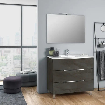 Composizione Mobile Bagno 100cm a Terra Con Tre Cassetti e Specchio Ossido