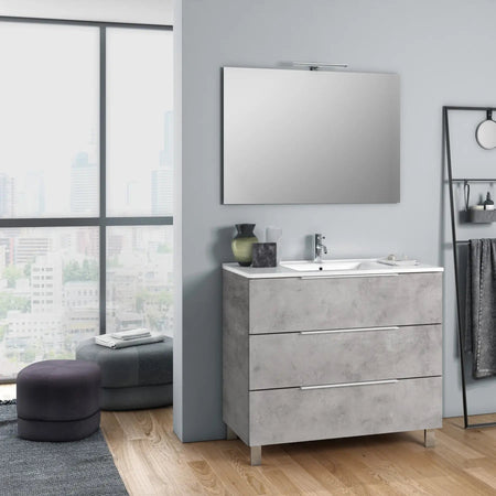 Composizione Mobile Bagno 100cm a Terra Con Tre Cassetti e Specchio Cemento