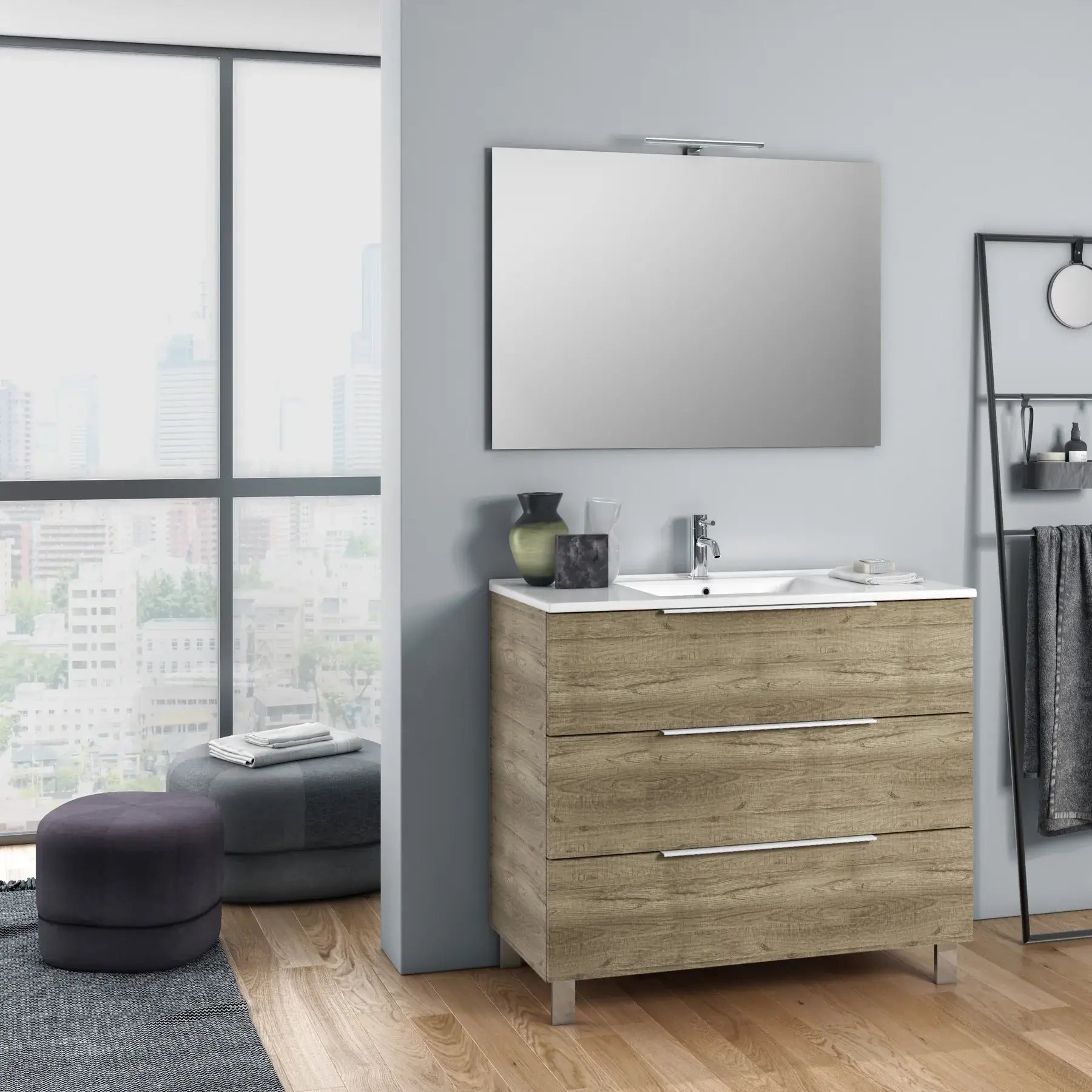 Composizione Mobile Bagno 100cm a Terra Con Tre Cassetti e Specchio Rovere Miele