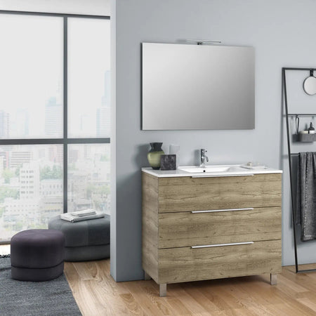 Composizione Mobile Bagno 100cm a Terra Con Tre Cassetti e Specchio Rovere Miele