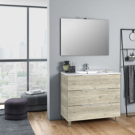 Composizione Mobile Bagno 100cm a Terra Con Tre Cassetti e Specchio Pino Artico