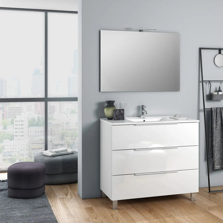 Composizione Mobile Bagno 100cm a Terra Con Tre Cassetti e Specchio Bianco Laccato Lucido
