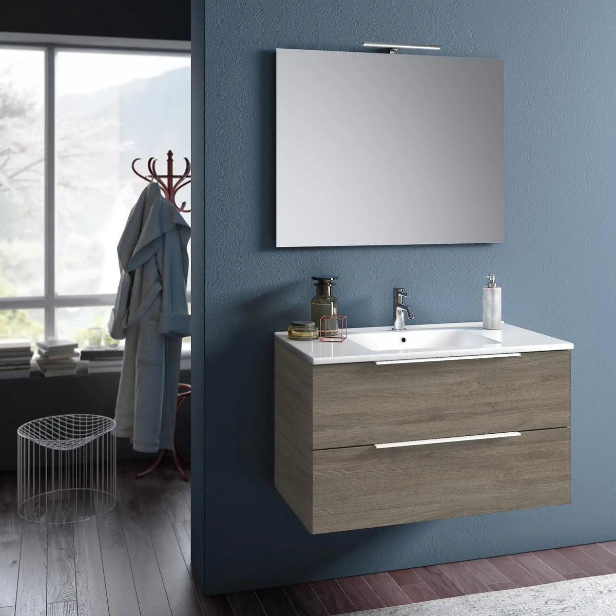Composizione Mobile Bagno 100cm Sospeso Con Due Cassetti E Specchio Con Lampada Rovere Cenere