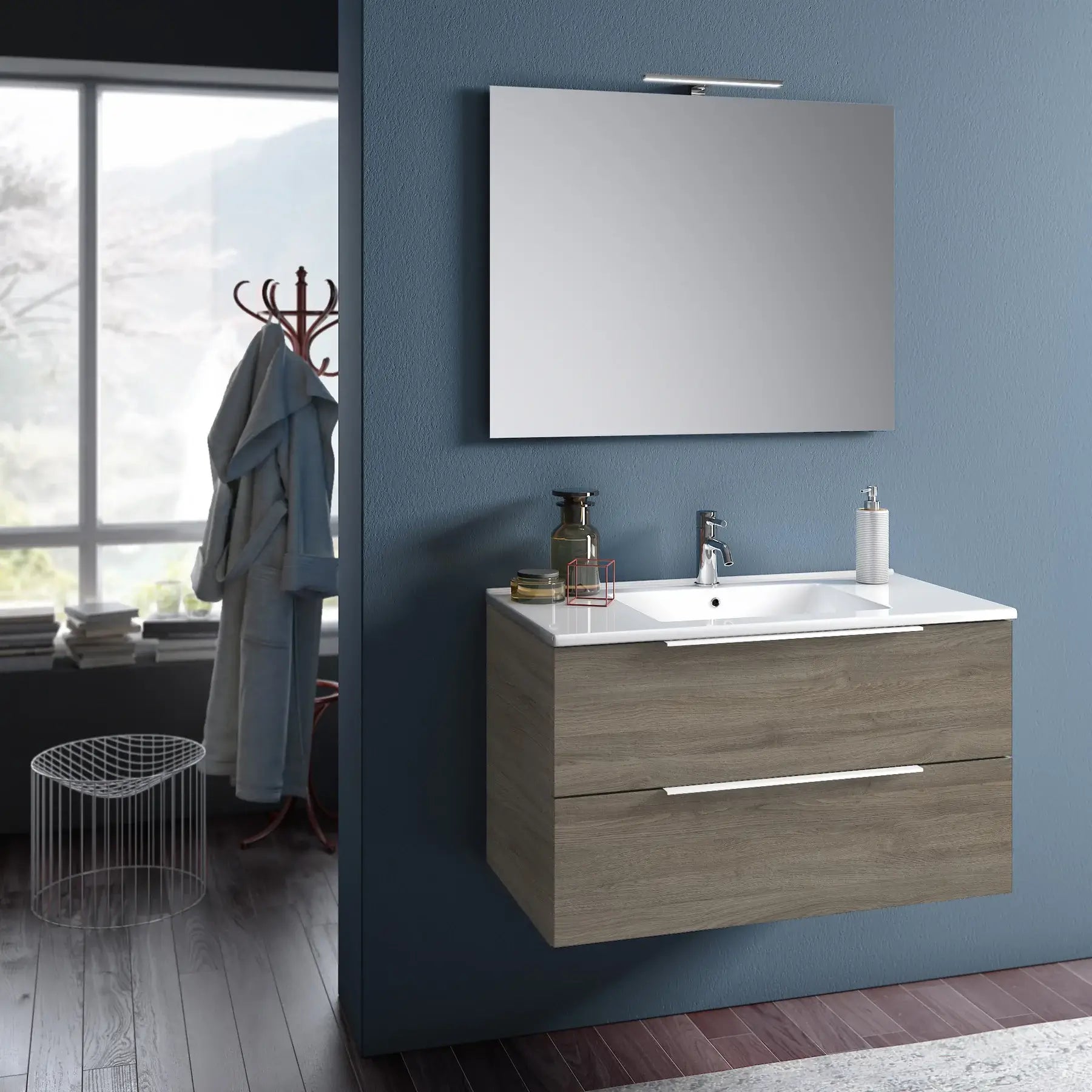Composizione Mobile Bagno 100cm Sospeso Con Due Cassetti E Specchio Con Lampada Rovere Cenere