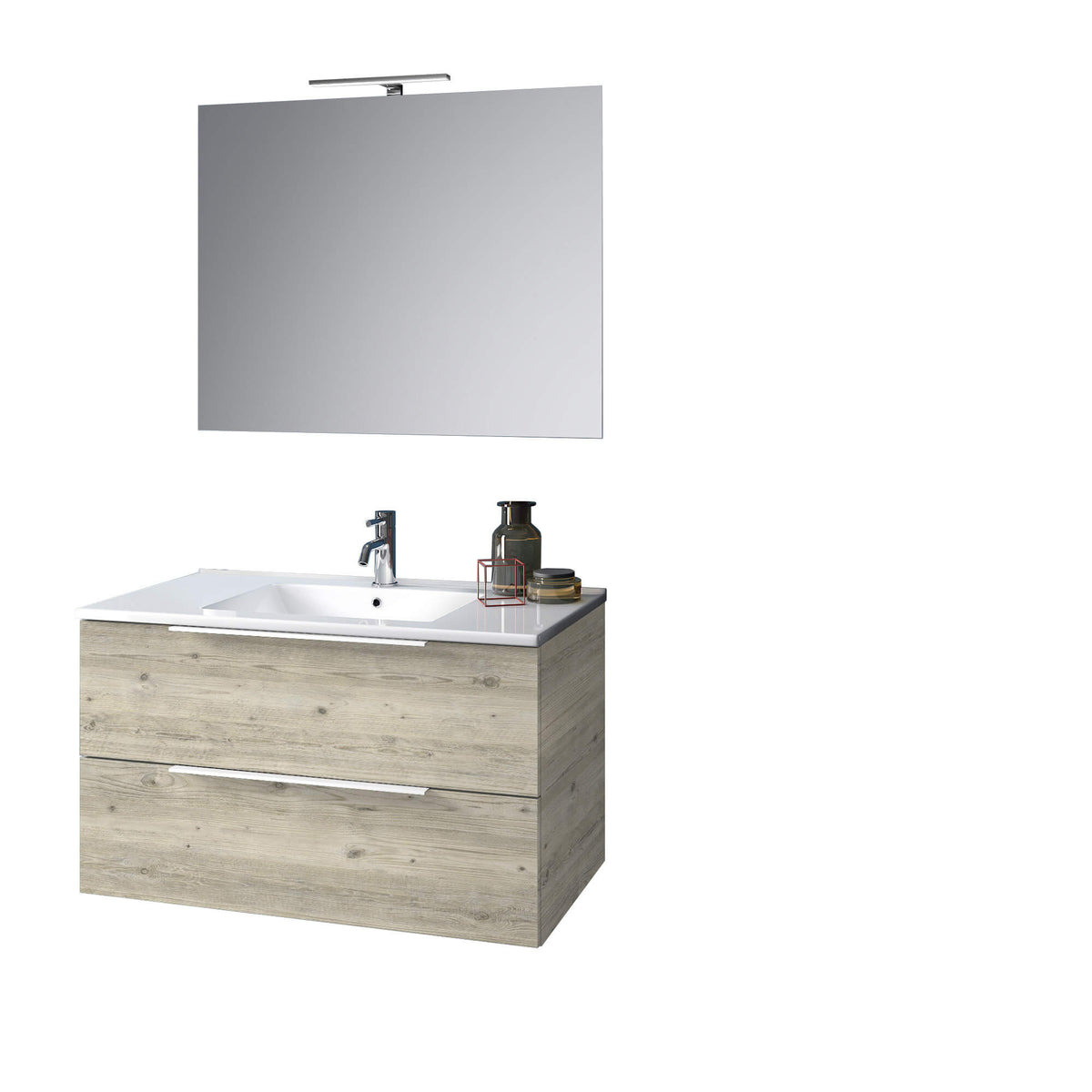 Composizione Mobile Bagno 100cm Sospeso Con Due Cassetti E Specchio Con Lampada Pino Artico