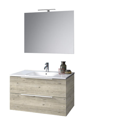 Composizione Mobile Bagno 100cm Sospeso Con Due Cassetti E Specchio Con Lampada Pino Artico