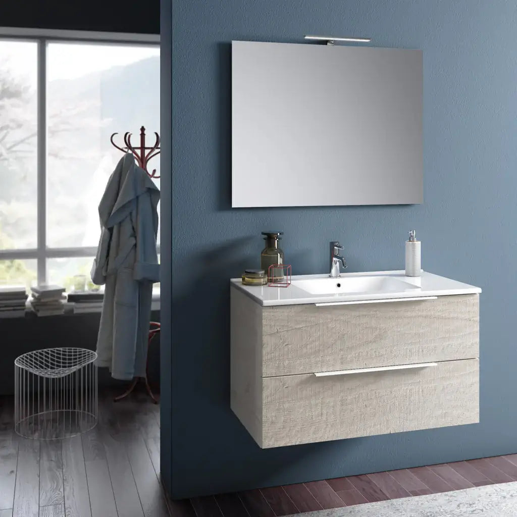 Composizione Mobile Bagno 100cm Sospeso Con Due Cassetti E Specchio Con Lampada Sherwood