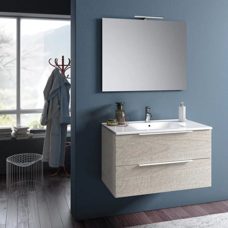Composizione Mobile Bagno 100cm Sospeso Con Due Cassetti E Specchio Con Lampada Sherwood