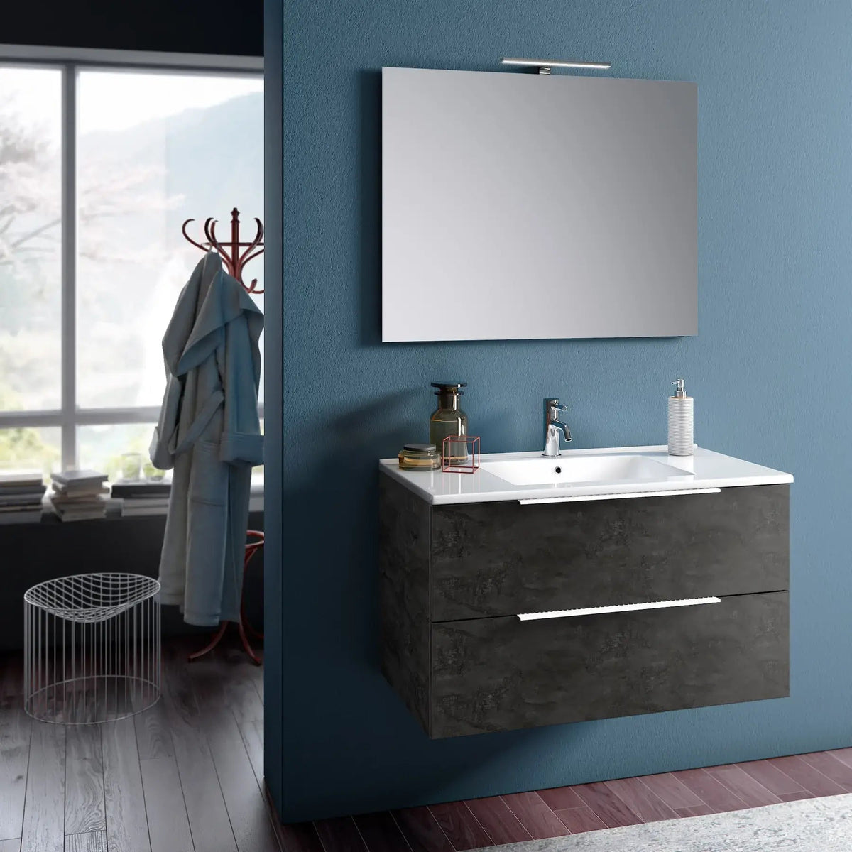 Composizione Mobile Bagno 100cm Sospeso Con Due Cassetti E Specchio Con Lampada Ossido