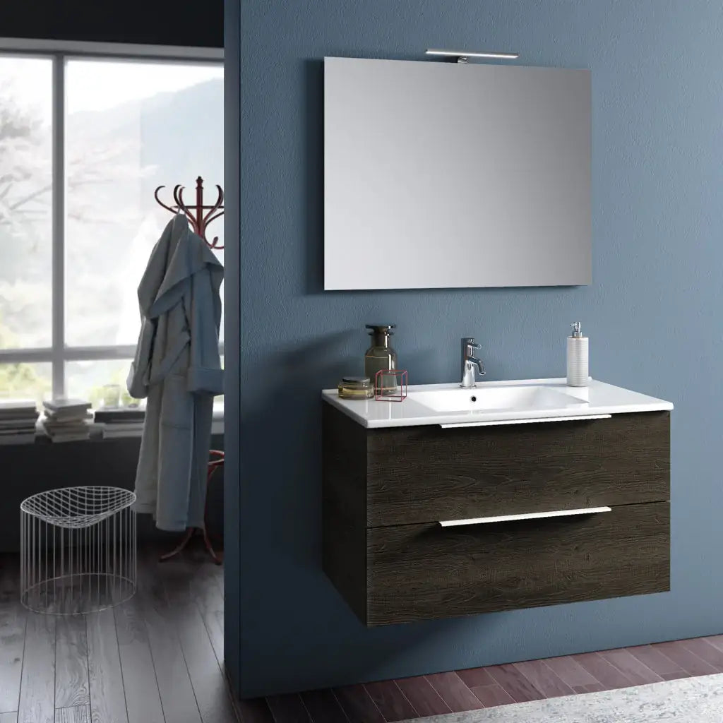 Composizione Mobile Bagno 100cm Sospeso Con Due Cassetti E Specchio Con Lampada Testa di Moro