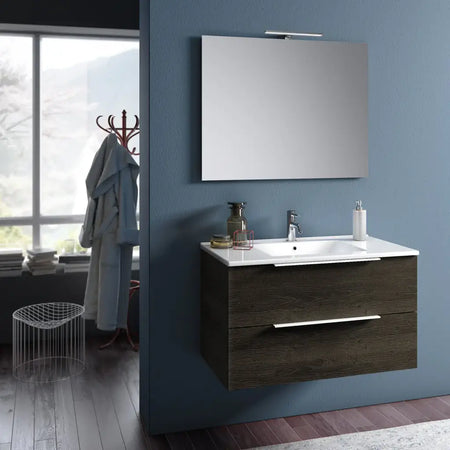 Composizione Mobile Bagno 100cm Sospeso Con Due Cassetti E Specchio Con Lampada Testa di Moro
