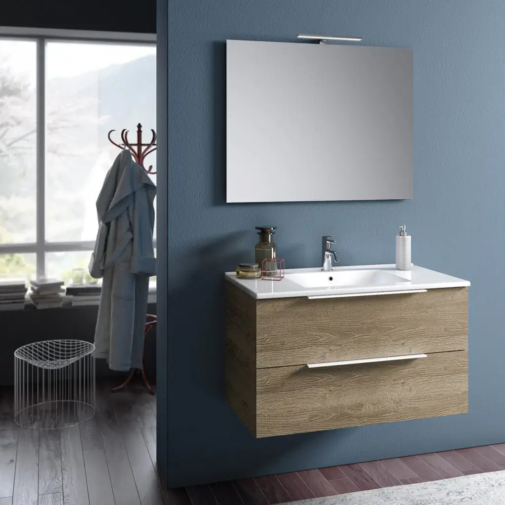 Composizione Mobile Bagno 100cm Sospeso Con Due Cassetti E Specchio Con Lampada Rovere Miele