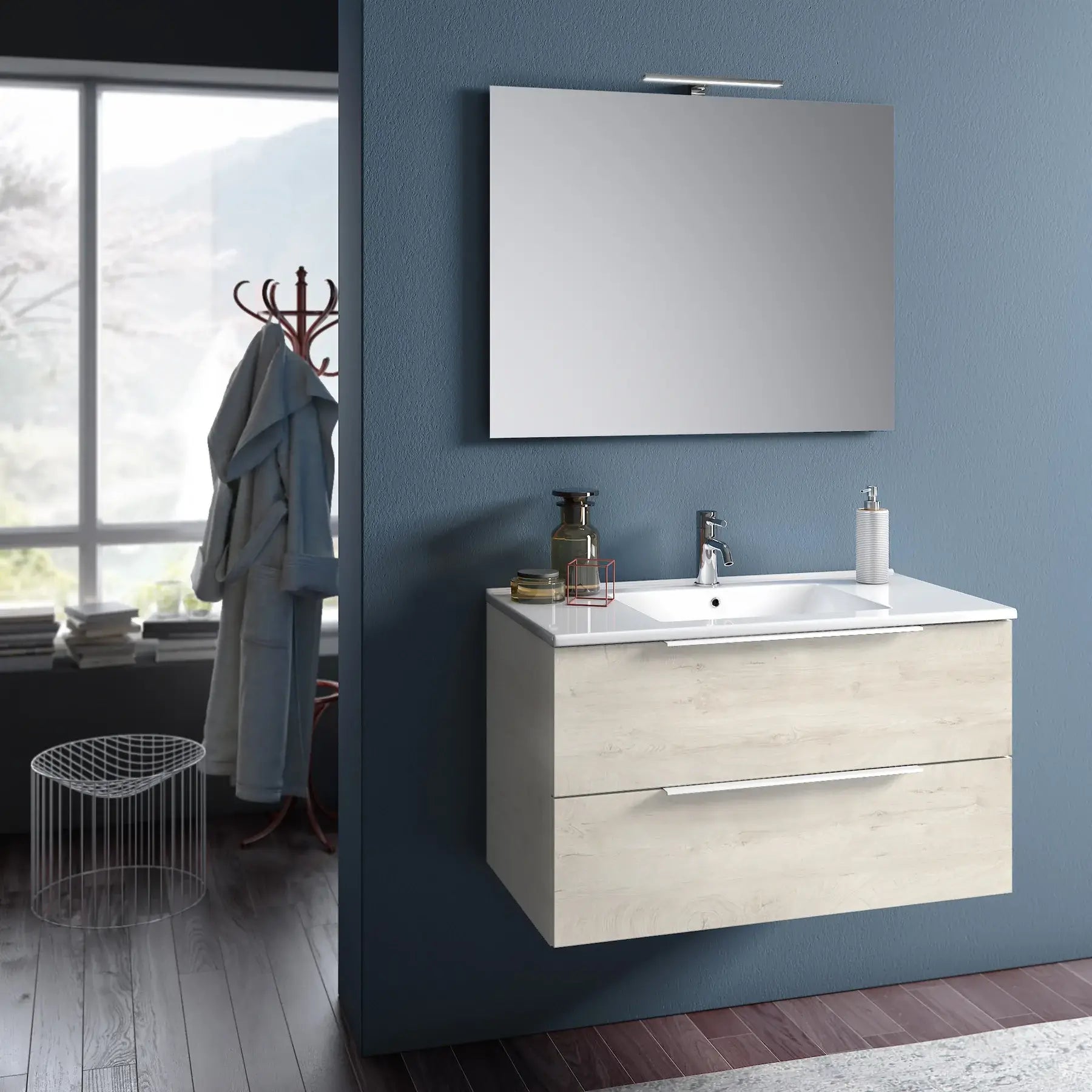 Composizione Mobile Bagno 100cm Sospeso Con Due Cassetti E Specchio Con Lampada Rovere Alaska