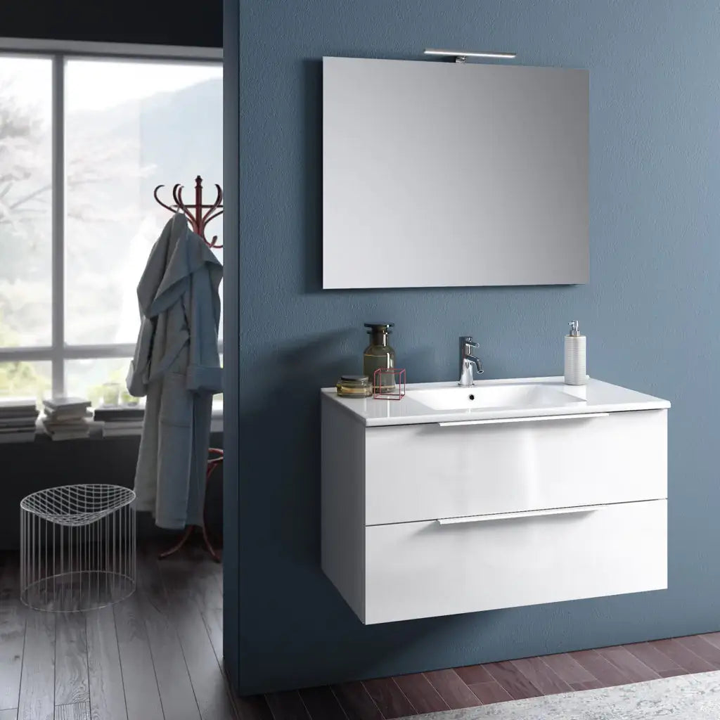 Composizione Mobile Bagno 100cm Sospeso Con Due Cassetti E Specchio Con Lampada Bianco Laccato Lucido