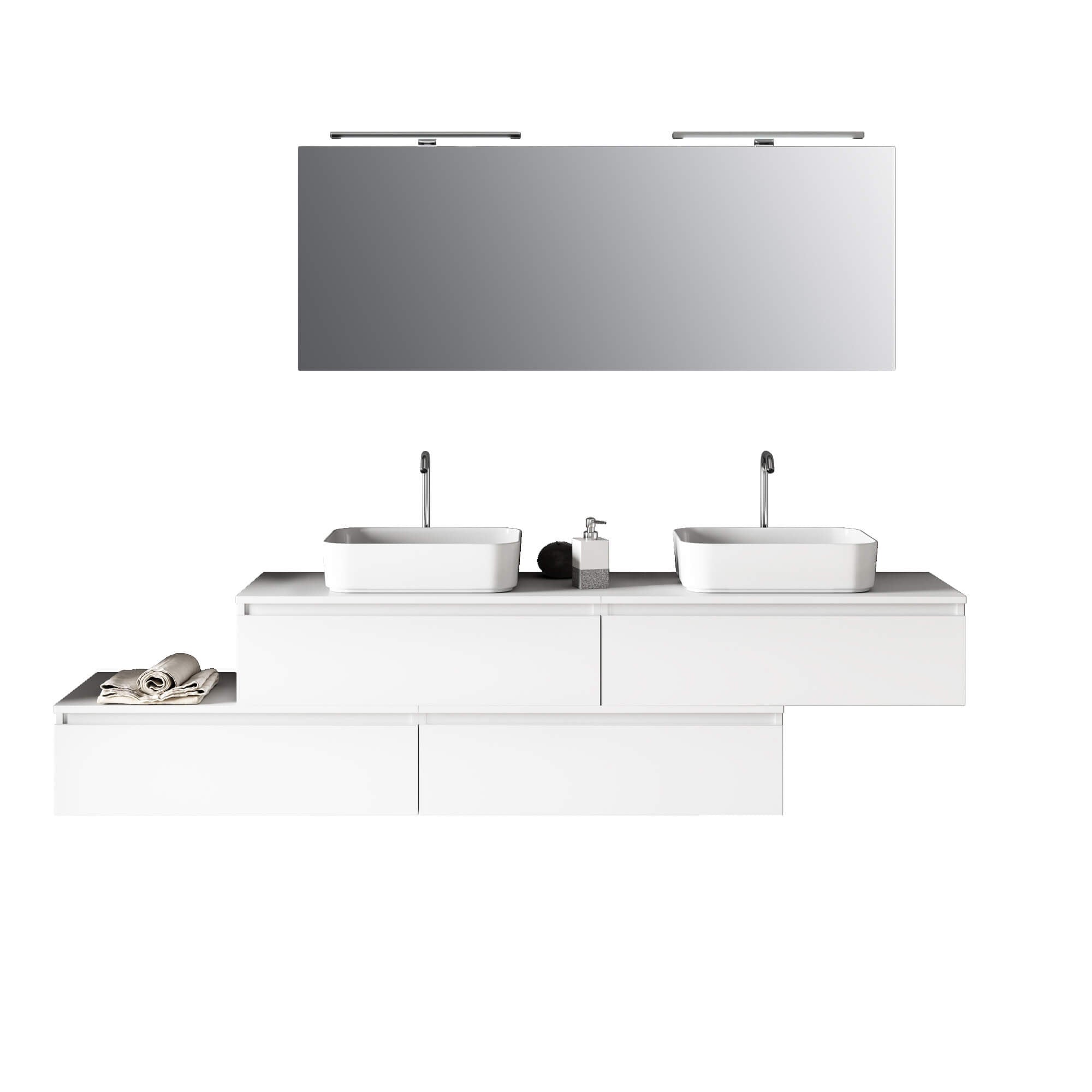 Composizione Mobile Bagno 225cm Sospesa Con Doppio Lavabo, Cassetti E Specchio Bianco