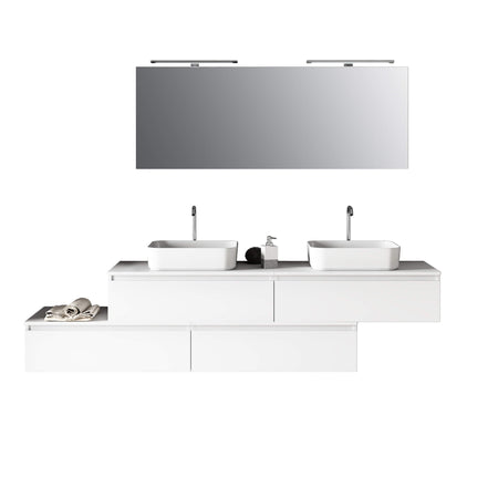 Composizione Mobile Bagno 225cm Sospesa Con Doppio Lavabo, Cassetti E Specchio Bianco