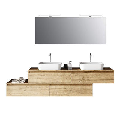 Composizione Mobile Bagno 225cm Sospesa Con Doppio Lavabo, Cassetti E Specchio Quercia