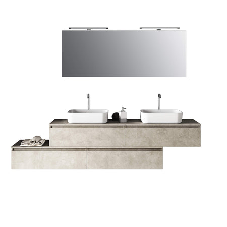 Composizione Mobile Bagno 225cm Sospesa Con Doppio Lavabo, Cassetti E Specchio Avana Effetto Pietra
